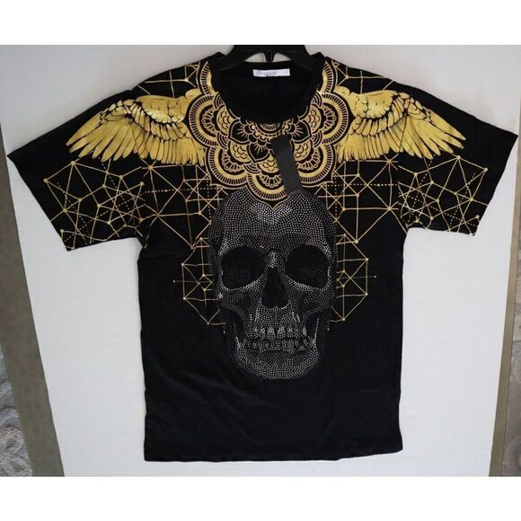 Reason Men's Sz L Black/Gold Studded Skull Short Sleeve T Shirt - Picture 7 of 7